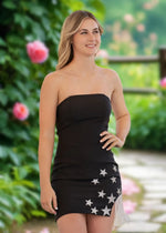 Antonia | Stylish Black Satin Strapless Fringe Cocktail Dress – Beaded Stars Design
