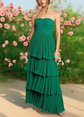 Judith | Green Prom Dress Long A Line Strapless Multi - Layer with Ruffle - Emerald Green - PromDressClub