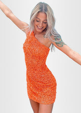 Lindsay |Orange Homecoming Dresses Short Long Sleeve One Shoulder Sequined - Orange - PromDressClub