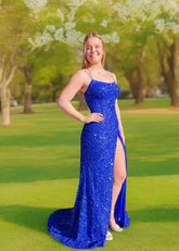 Julia | Royal Blue Prom Dresses Long Mermaid Sparkle Sequins Spaghetti Straps with Slit - Silver - PromDressClub