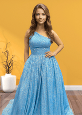 Christie | A Line/Princess Plus Size Orange Seuquin Backless One Shoulder Prom Dress - Blue - PromDressClub