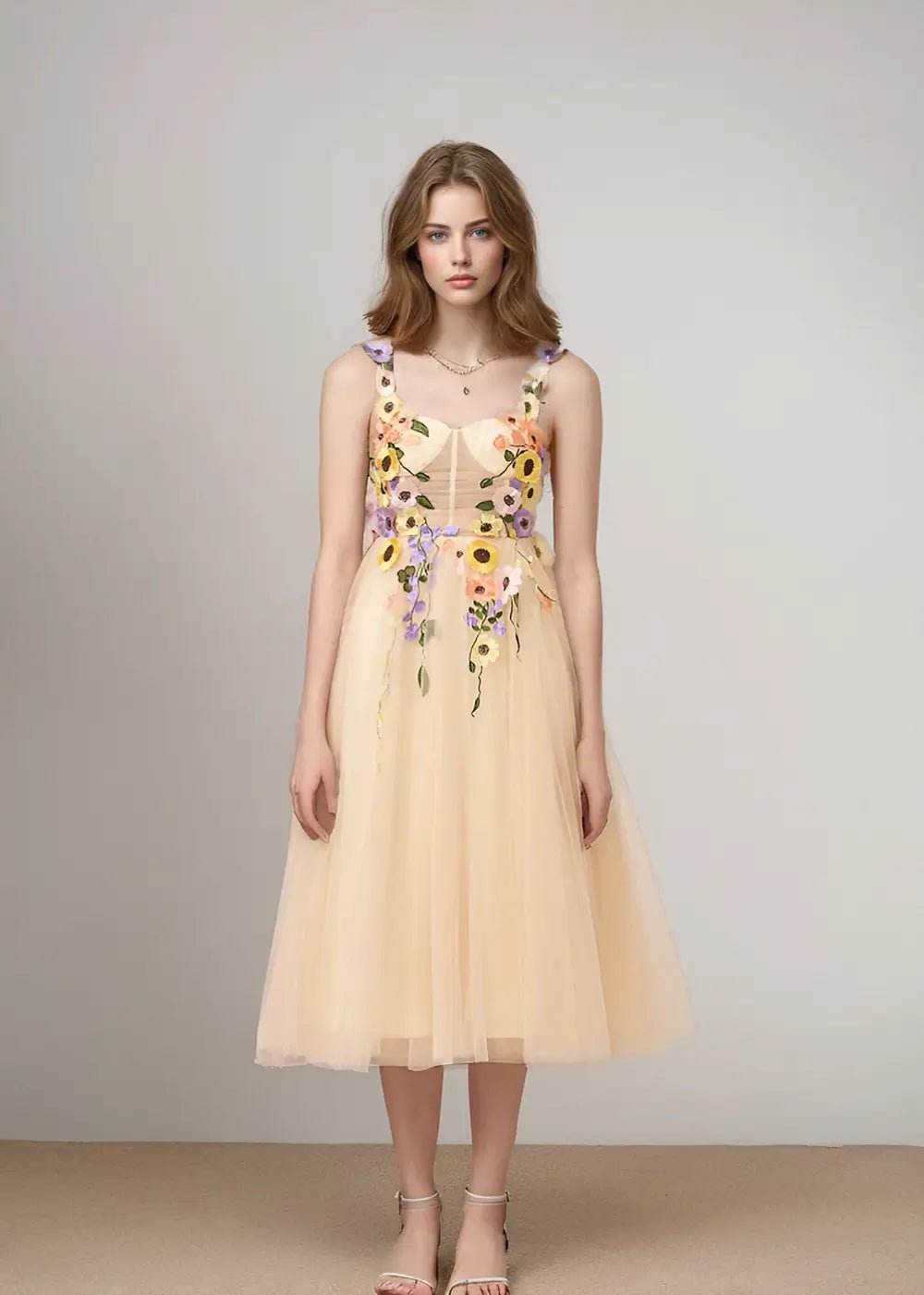 Stacey |Champagne Gold Prom Dresses Midi A Line Tulle Corset with 3D Flower | PromDressClub