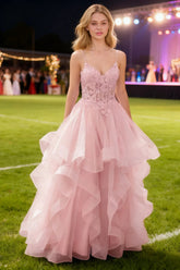 Aetherium Light Pink Lace Corset Prom Dress | A - Line Sweetheart Neckline Rhinestones Ruffle Floor Length Dress - US0 - PromDressClub