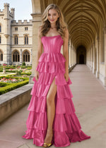 Aila Fuchsia Satin Corset Prom Dress with Ruffles | A - Line Strapless Beaded Tiered Formal Dress with Slit - Fuchsia - PromDressClub