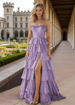 Aila Lavender Satin Corset Prom Dress with Ruffles | A - Line Strapless Beaded Tiered Formal Dress with Slit - Lavender - PromDressClub