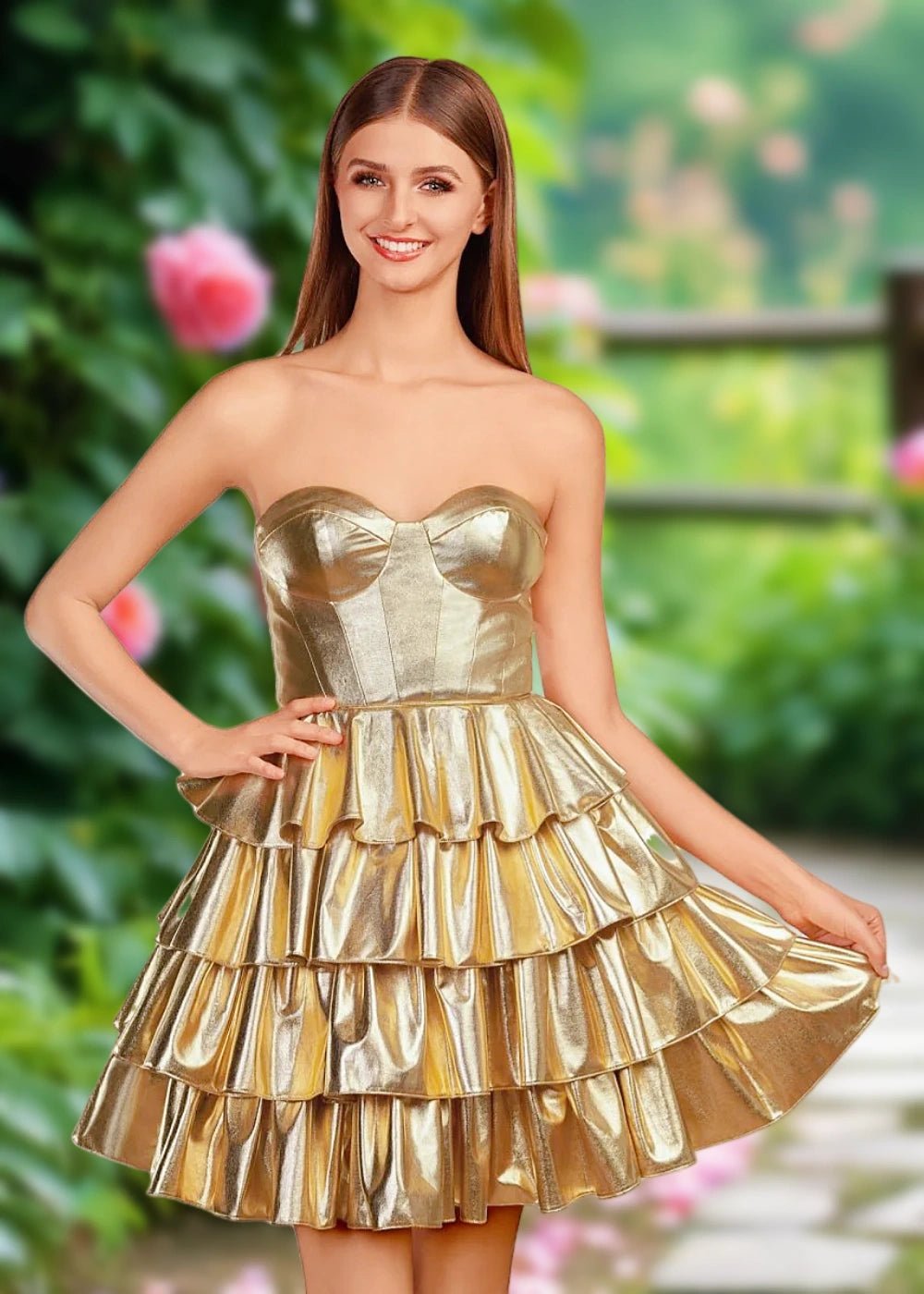 Amanda | Sexy A - Line Gold Metallic Corset Strapless Short Homecoming Dress with Ruffles - Gold - PromDressClub