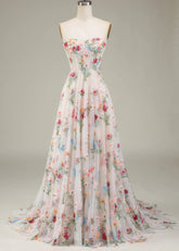 Andrea | A - Line Long Ivory Prom Dress With Sweetheart Tulle Embroidery Sweep Train - White Floral - PromDressClub