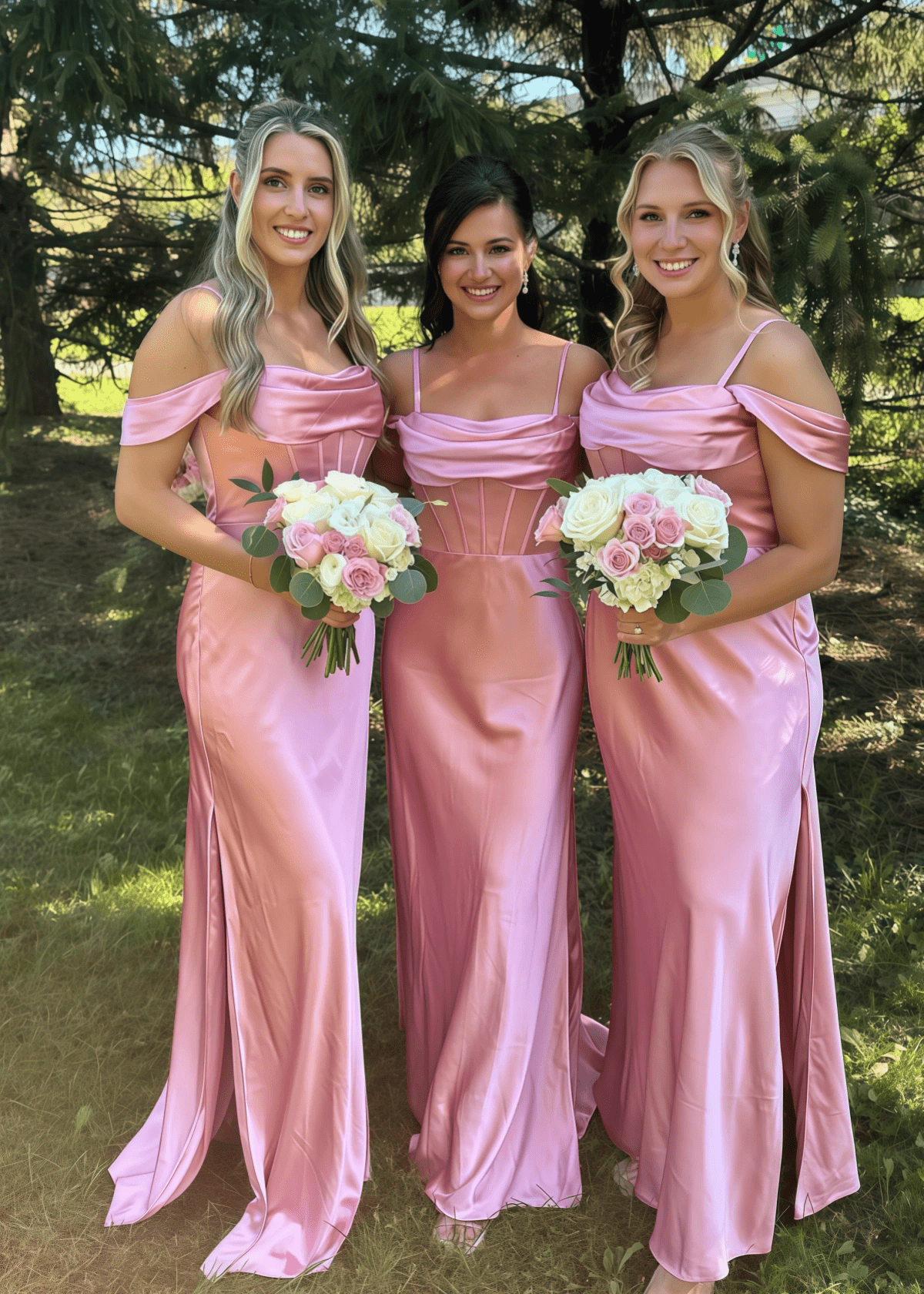 Angela | Sheath Corset Peach Satin Maxi Bridesmaid Dress with Slit and Off the Shoulder - Price #price_variant_lowest# - Peach - PromDressClub