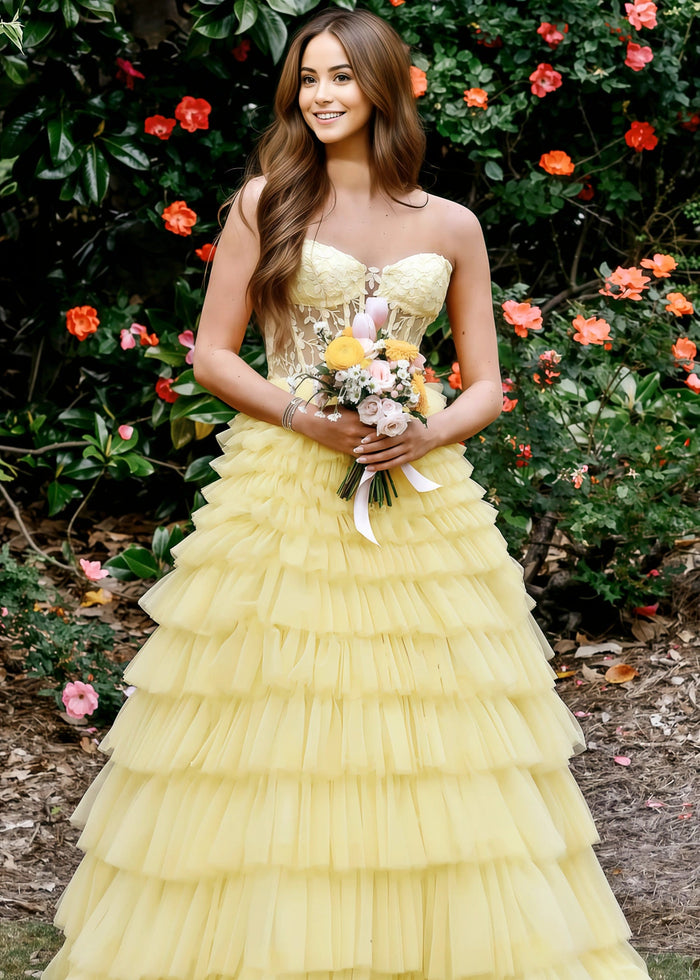 Annabelle | Yellow A Line Strapless Corset Tulle Prom Dress with Ruffles - Yellow - PromDressClub
