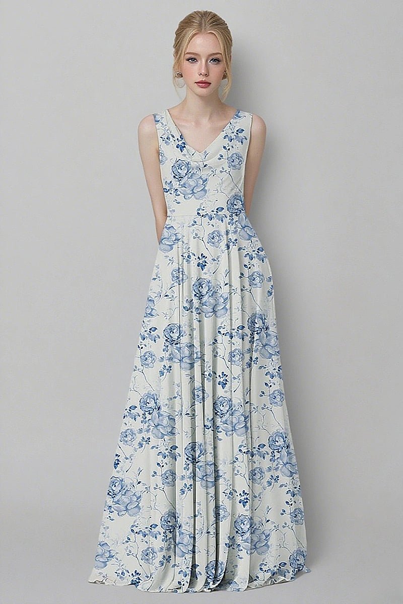 Astounding Aura Blue Floral Bridesmaid Dress: Flattering & Comfortable Wedding Wear - Blue Floral - PromDressClub