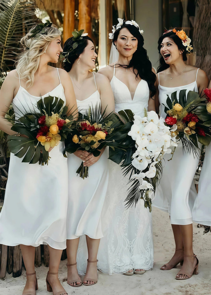 Athena | Sexy Sheath Spaghetti Straps White Chiffon Midi Bridesmaid Dress - Price #price_variant_lowest# - White - PromDressClub