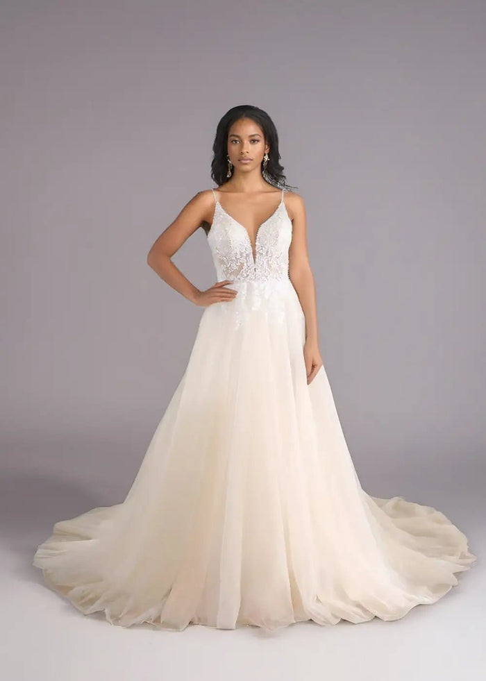 Rita |Ball - Gown/Princess V - Neck Waterfall Skirt Court Train Tulle Lace Long Wedding Dress With Train - Champagne - PromDressClub