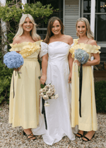 Barbara | Chic A - Line Ruffles Backless Pale Yellow Satin Maxi Bridesmaid Dress with Off the Shoulder - Price #price_variant_lowest# - Pale Yellow - PromDressClub