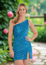 Bella | Bodycon Blue Sequin One Shoulder Short Homecoming Dress with Slit - Blue - PromDressClub