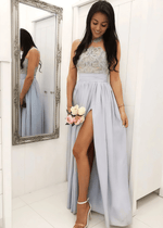 Blanche | A - Line Lace Embroidered Beach Grey Chiffon Maxi Bridesmaid Dress with Slit and Illusion High Neck - Price #price_variant_lowest# - Grey - PromDressClub