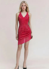 Nancy |Bodycon Sparkly V - Neck Fuchsia Halter Neck Sequins Short Homecoming Dress with Fringe - Fuchsia - PromDressClub