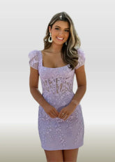 Myrna |Bodycon Square Neck Lace Purple V - shaped Back Corset Dress Short Homecoming Dress with Appliques - Purple - PromDressClub