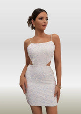 Marian |Bodycon White Square Backless Short/Mini Homecoming Dress with Sparkly Sequins - White - PromDressClub