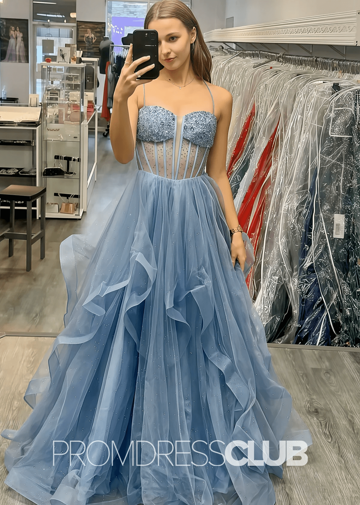 Charlotte |Grey and Blue Prom Dresses Long A Line Sparkly Beaded - Blue - PromDressClub