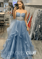 Charlotte |Grey and Blue Prom Dresses Long A Line Sparkly Beaded - Blue - PromDressClub