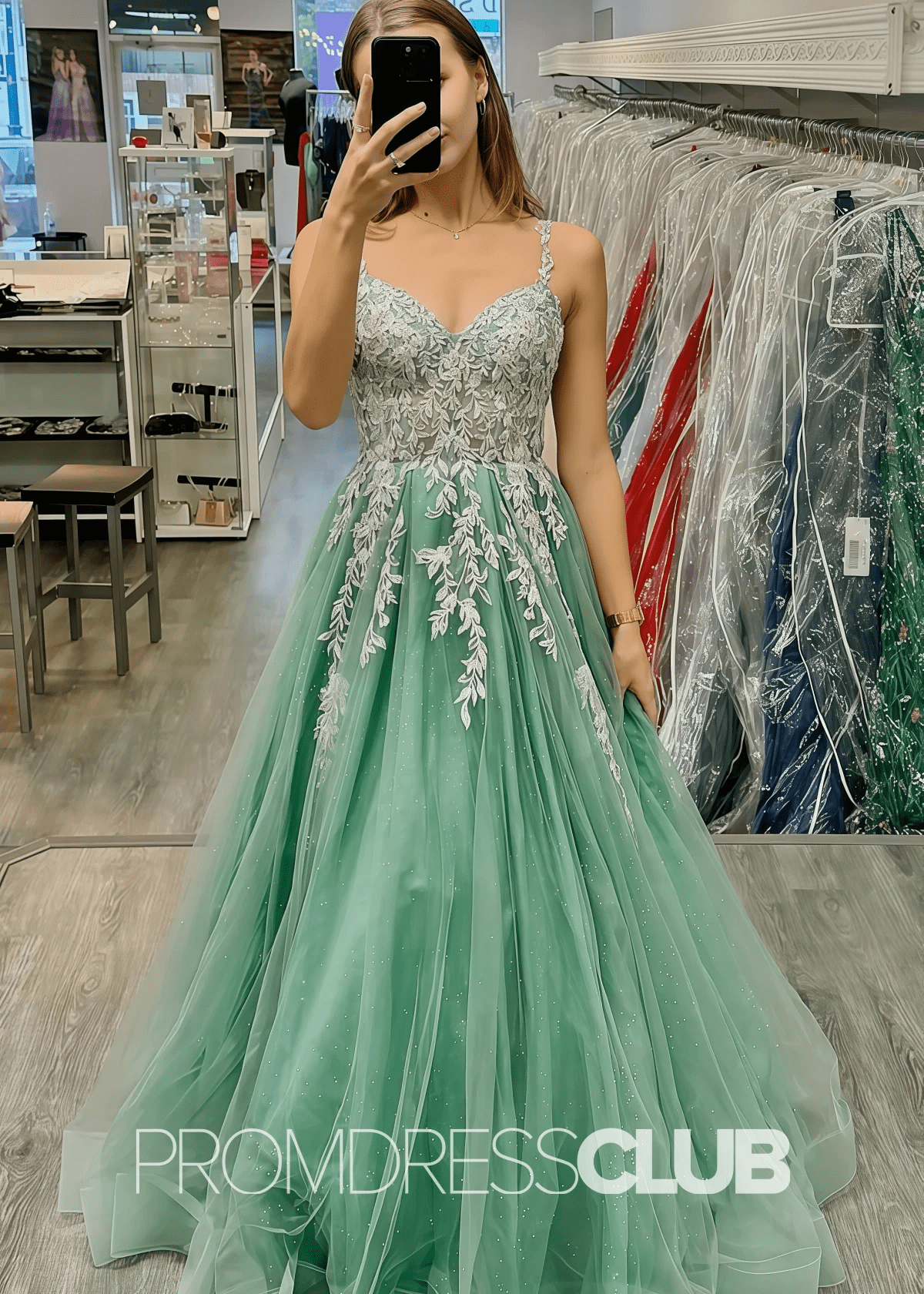 Cheryl |Sage Green Prom Dresses Long A Line Sparkly Spaghetti Straps with Appliques - Price #price_variant_lowest# - Sage - PromDressClub