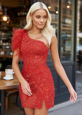Chic Spectacle Red 1 Shoulder Slit Homecoming Dresses With Feathers Lace Glam Confidence - Red - PromDressClub