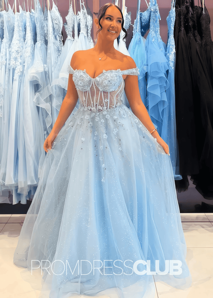 Coral |Blue Prom Dresses Plus Size Long A Line Off The Shoulder Sparkly Lace Corset - Sky Blue - PromDressClub