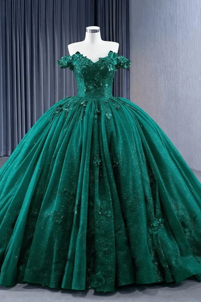 Daniela | Stunning Dark Green Flower Quinceanera Dresses - Off the Shoulder Sparkling Gown - Dark Green - PromDressClub