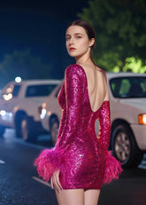 Dazzling Feather Cocktail Dress Long Sleeve: Homecoming Highlight - Fuchsia - PromDressClub