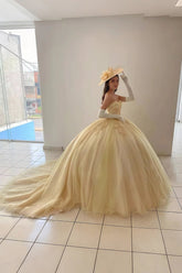 Dominique | Dream Gold Quinceañera Dresses: Timeless Strapless & Corset Styles - Gold - PromDressClub