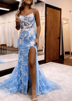 Dora | Light Blue Mermaid Corset Floral Formal Long Dress with Slit - Sky Blue - PromDressClub