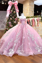 Drew | Gorgeous Light Pink Off the Shoulder Flower Quinceanera Dresses with Big Bow - Light Pink - PromDressClub