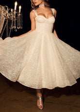 Eden | Sparkly Sweetheart Backless A - Line Ivory Sequin Midi Wedding Dress with Spaghetti Straps - Price #price_variant_lowest# - Ivory - PromDressClub