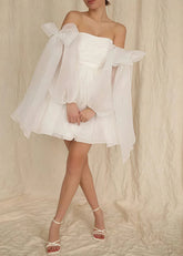 Edwina | Glamorous Puff Detachable Sleeves Straight White Tulle Mini/Short Wedding Dress with Bows - Price #price_variant_lowest# - White - PromDressClub