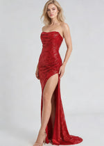 Eira Red Sparkly Prom Dress | Sheath Strapless Sweet Train Sequin Cokctail Dress with Slit - Red - PromDressClub