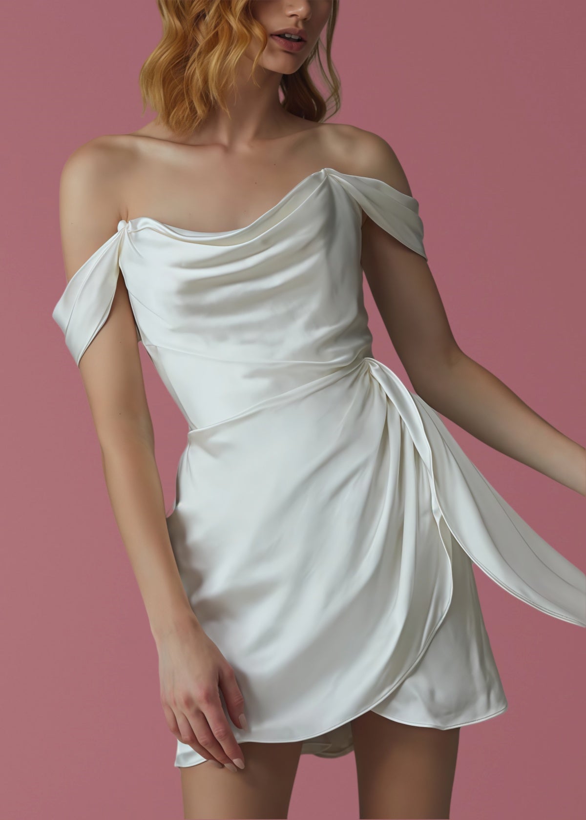 Elvira | Glamorous Off the Shoulder Pleated Backless Short White Silk Wedding Dress - Price #price_variant_lowest# - White - PromDressClub