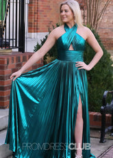 Elvira |Long Emerald Green Prom Dress Metallic With Halter Neck A Line Pleated Criss Slit - Emerald Green - PromDressClub