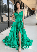 Emma |A - Line Long Green Prom Dresses V - Neck Satin Tiered Corset with Slit - Green - PromDressClub