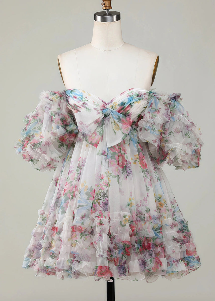 Erendira | Floral Homecoming Dresses: Stand Out with Ruffles and Off the Shoulder Design - White Floral - PromDressClub