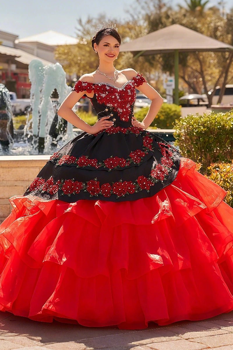 Erin | Stunning Red and Black Flower Quinceanera Dresses with Ruffles - Red - PromDressClub
