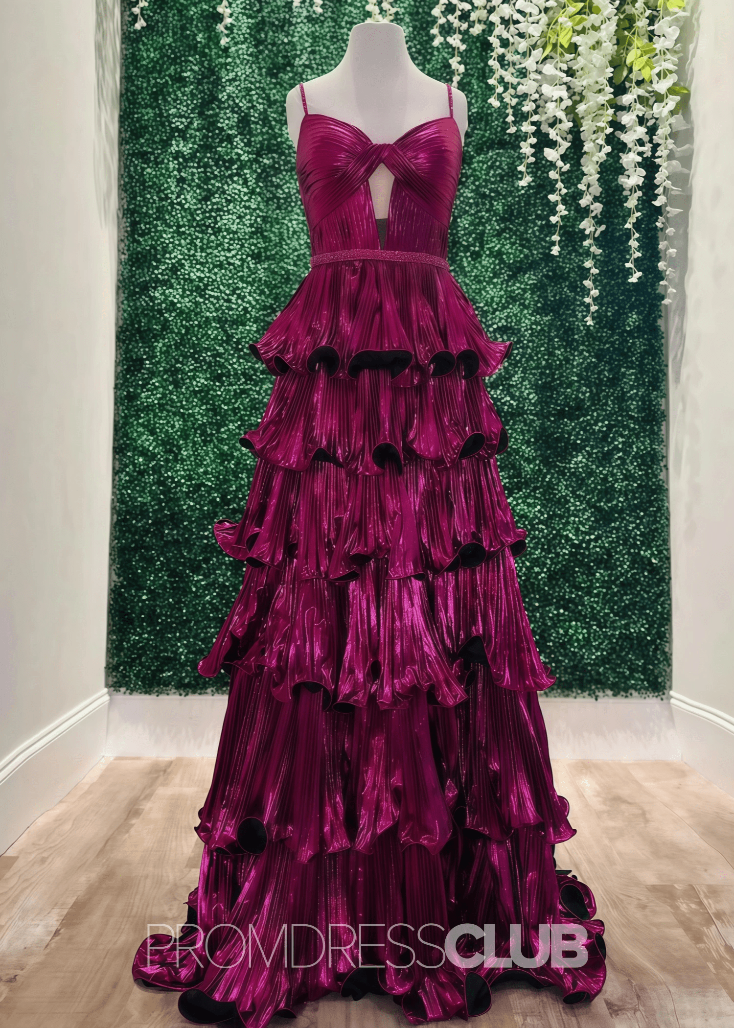 Esther |Long Mulberry Prom Dress Metallic With A Line Sweetheart Spaghetti Straps Tiered - Mulberry - PromDressClub