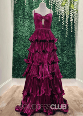 Esther |Long Mulberry Prom Dress Metallic With A Line Sweetheart Spaghetti Straps Tiered - Mulberry - PromDressClub