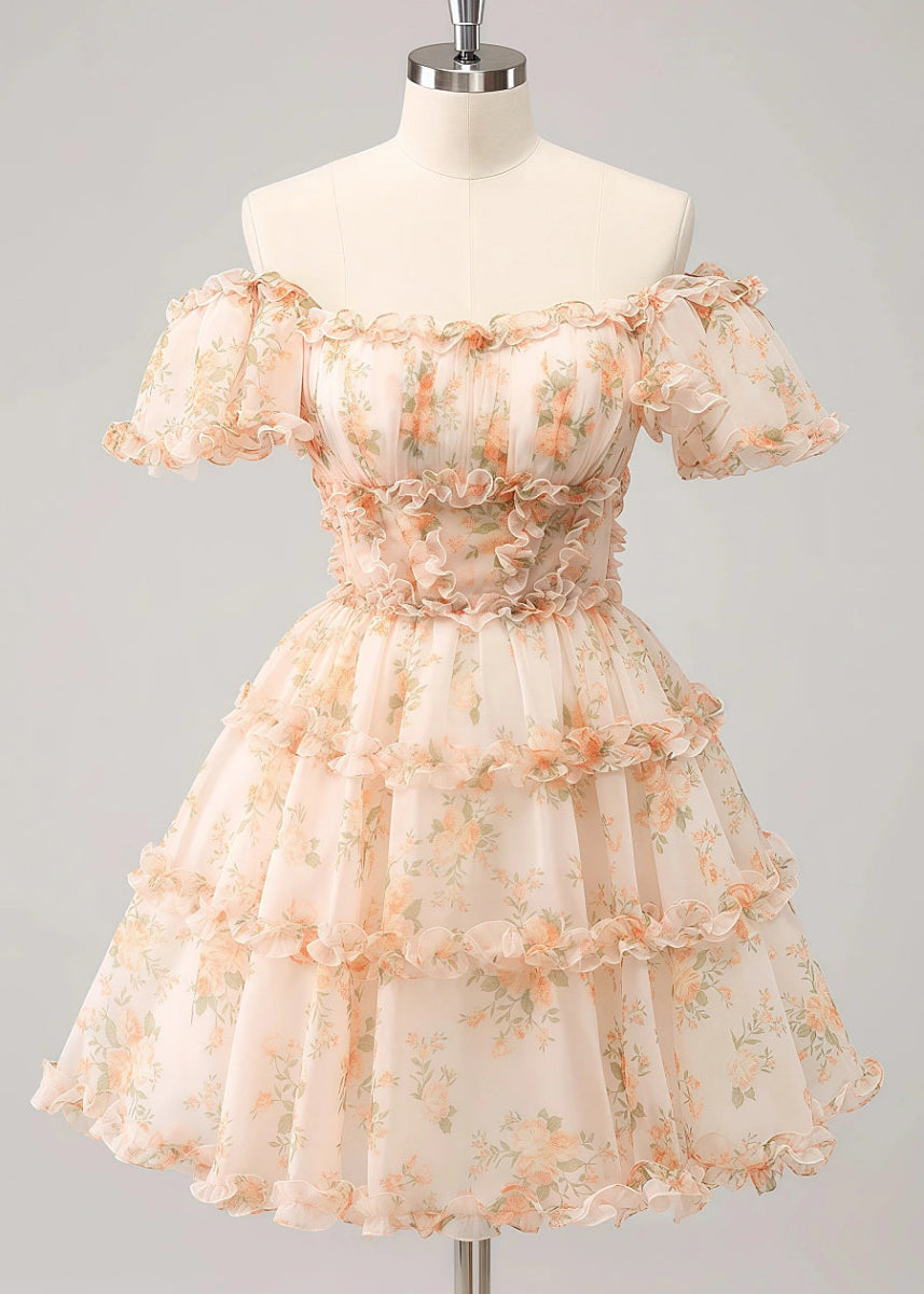 Evaluna | Stunning Champagne Floral Homecoming Dress: Dance the Night Away Beautifully - Champagne Floral - PromDressClub