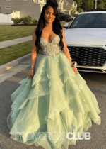 Eve |Ball Gown Sage Green Prom Dress Long V Neck with Slit Tiered Tulle - Sage - PromDressClub