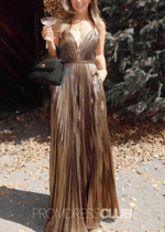 Eve |Gold Prom Dress Long Metallic With A Line Spaghetti Straps - Price #price_variant_lowest# - Gold - PromDressClub