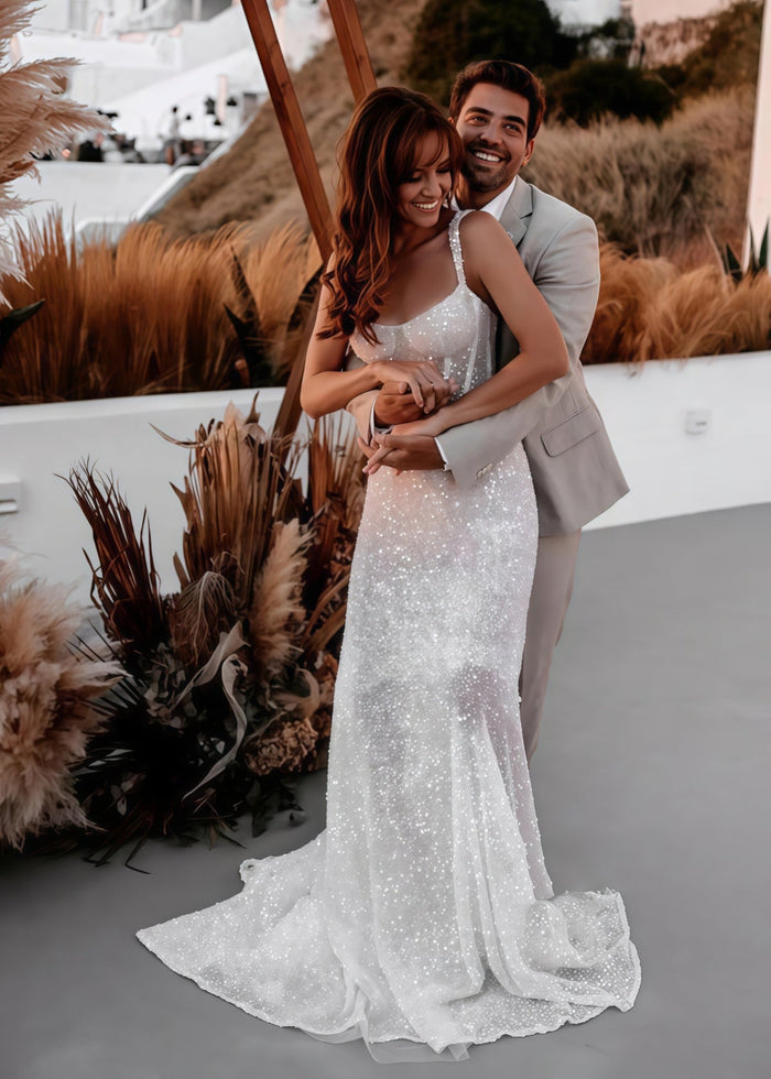 Eve | Sparkly A Line Spaghetti Strap Long White Sequin Wedding Dress Train - Price #price_variant_lowest# - White - PromDressClub