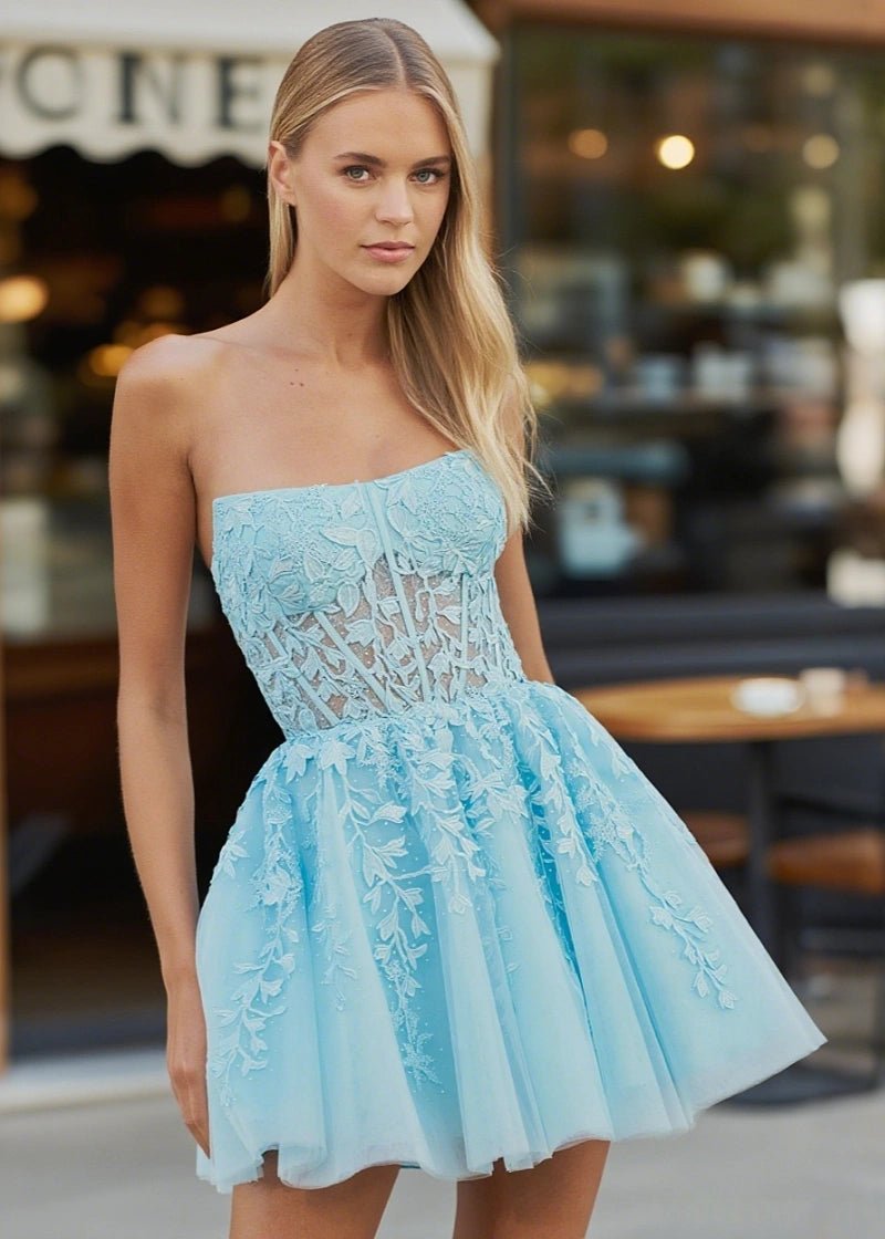 Evening Excellence Strapless Lace Aqua Hoco Dresses Flawless for Unforgettable Nights - Aqua - PromDressClub