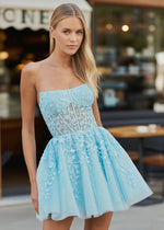Evening Excellence Strapless Lace Aqua Hoco Dresses Flawless for Unforgettable Nights - Aqua - PromDressClub