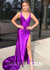 Fanny | Long Purple Prom Dresses Mermaid V Neck Satin with Slit - Purple - PromDressClub