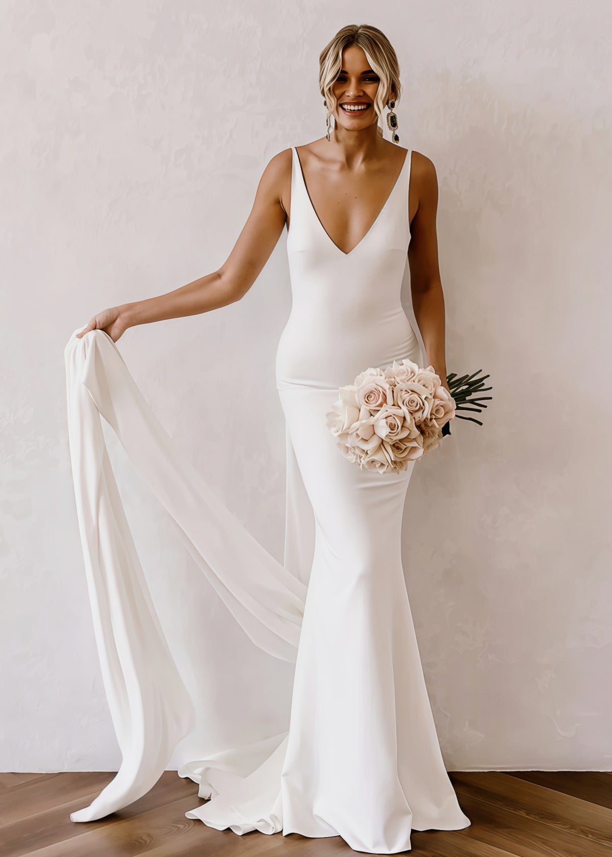 Fanny | Mermaid V Neck Backless Long White Satin Wedding Dress Detachable Train - Price #price_variant_lowest# - White - PromDressClub